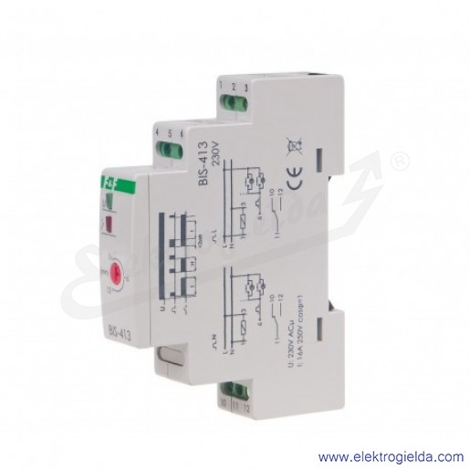 Przekaźnik impulsowy BIS-413 Un 230V~, Io 16a, bistabilny, z wyłącznikiem czasowym 1-12min, montaż na szynie TH-35