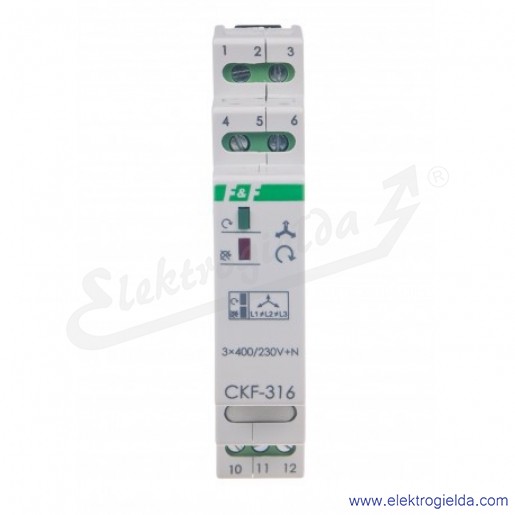 Przekaźnik kontroli faz CKF 316 Un 3×400V+N,Io 10a, czujnik kolejności i zaniku faz, montaż DIN