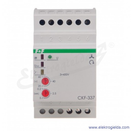 Przekaźnik kontroli faz CKF 337 Un 3×400V, Io 10a, czujnik kolejności i zaniku faz, bez przewodu neutralnego, DIN