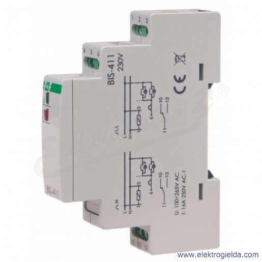 Przekaźnik impulsowy BIS 411 Un 230V AC/DC, Io 16a, bistabilny, montaż na szynie TH-35
