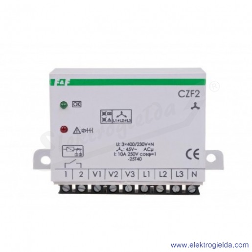 Przekaźnik kontroli faz CZF-2, 3×400V+N, Io 10a, czujnik zaniku faz z kontrolą stycznika, montaż natynkowy
