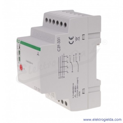 Przekaźnik kontroli faz CZF 331, 3×400V+N, Io 2x8a, czujnik zaniku i asymetrii faz, 2NO 2NC, regulator napięcia zadziałania, mon