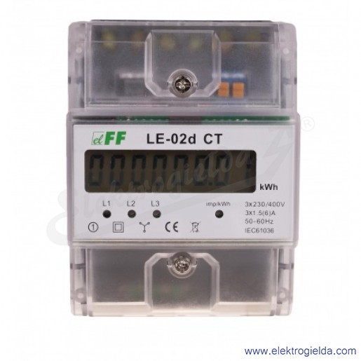 Licznik energii elektrycznej LE-02D-CT, 3x400V+N, LCD, trójfazowy, z programowalną przekładnią, kl.1