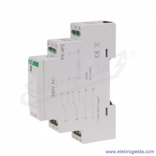 Przekaźnik elektromagnetyczny PK-4PZ, 230VAC, 4x8A, 2NO2NC+2NO, montaż DIN