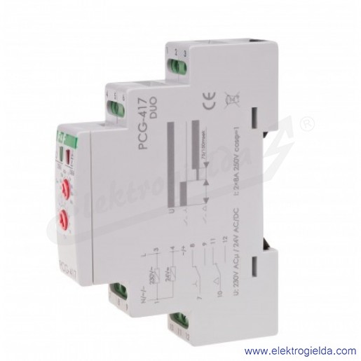 Przekaźnik czasowy PCG-417 D-Y, 230VAC, 24VAC/DC, 2x8A, 2NO, montaż DIN