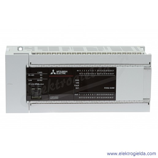 Sterownik PLC 280494, FX5U-64MT/ESS CPU 100-240VAC, 32 wejścia, 32 wyjścia tranzystorowe, 2 wejścia analogowe, Ethernet, RS485