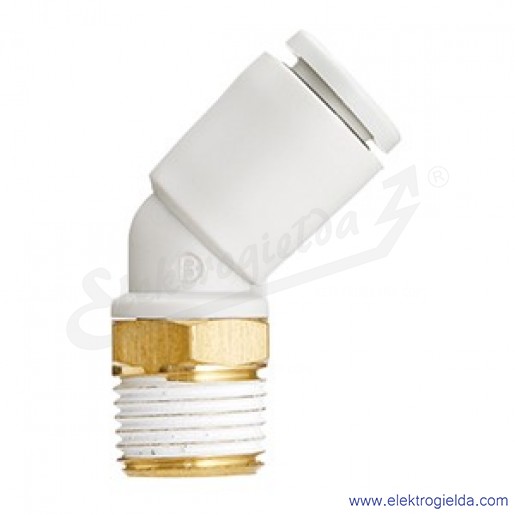 Przyłącze wtykowe kątowe 45° KQ2K04-01A*, gwint zewnętrzny R1/8, Fi 4mm, regulowane 360°, z O-ringiem