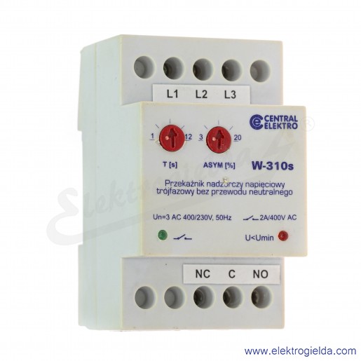 Przekaźnik nadzorczy trójfazowy W-310s wykrywacz zaniku fazy, 230..400V, 1..12T[s], 3..20ASYM[%]