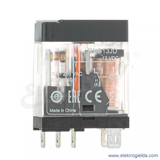 Przekaźnik interfejsowy RXG13JD 12VDC 1CO 10A, w standardowej obudowie z sygnalizacją LED