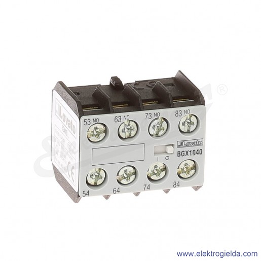 11BGX1040 Styki pomocnicze 4NO do styczników BG, montaż czołowy, zaciski śrubowe, Ith 10A, napięcie izolacji Ui 690V
