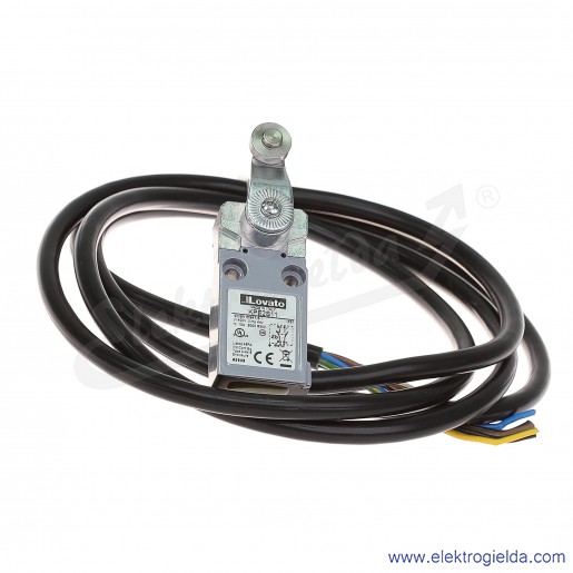 Wyłącznik krańcowy KPE2S11 dźwignia uchylna z rolką metalową 19mm, styki 1NO+1NC, obudowa metalowa z przewodem IP67