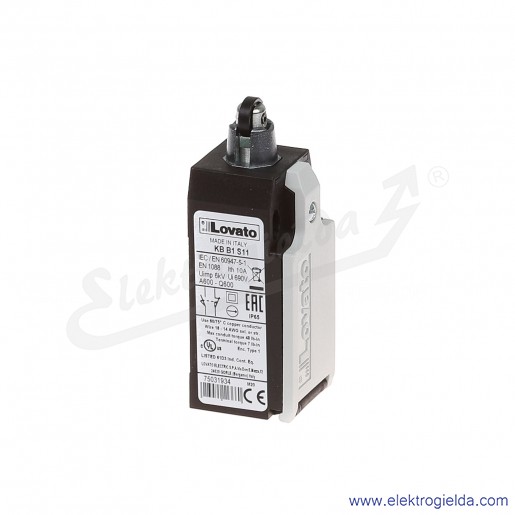 wyłącznik krańcowy KBB1S11 trzpień wciskany z rolką plastikową, styki 1NO+1NC, obudowa plastikowa IP65