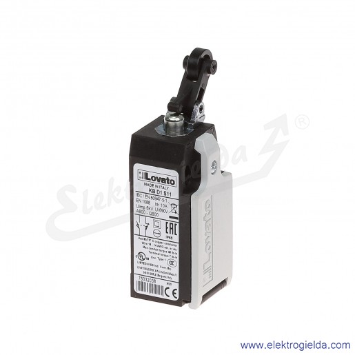 wyłącznik krańcowy KBD1S11 dźwignia z rolką plastikową wciskaną bocznie, styki 1NO+1NC, obudowa plastikowa IP65