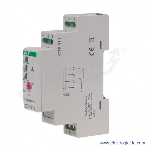 Przekaźnik kontroli faz CZF 311 TRMS Un 3×400V+N,Io 10a, mikroprocesorowy czujnik zaniku i asymetrii faz z regulowanym progiem a