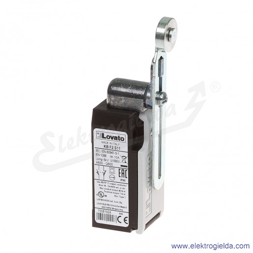 wyłącznik krańcowy KBF2S11 dźwignia uchylna regulowana z rolką metalową 19mm, styki 1NO+1NC, obudowa plastikowa IP65