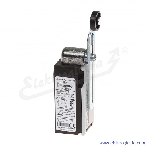 wyłącznik krańcowy KBF1S11 dźwignia uchylna regulowana z rolką plastikową 19mm, styki 1NO+1NC, obudowa plastikowa IP65