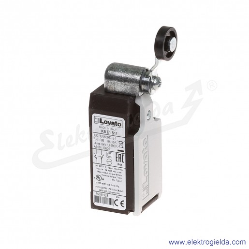 wyłącznik krańcowy KBE1S11 dźwignia uchylna z rolką plastikową 19mm, styki 1NO+1NC, obudowa plastikowa IP65