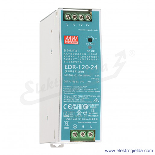 Zasilacz impulsowy EDR-120-24 zasilanie 90-264VAC lub124-370VDC, wyjście 24V 5A 120W