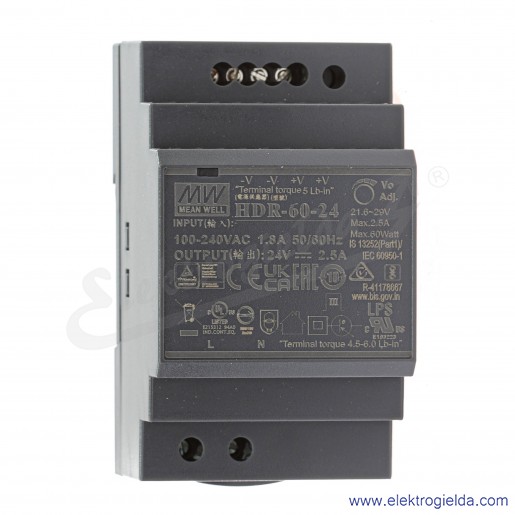 Zasilacz HDR-60-24 zasilanie 85-264VAC lub 120-370VDC, wyjście 24V 2.5A 60W