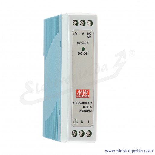 Zasilacz impulsowy MDR-10-5 zasilanie 85-264VAC lub 120-370VDC, wyjście 5V 2A 10W