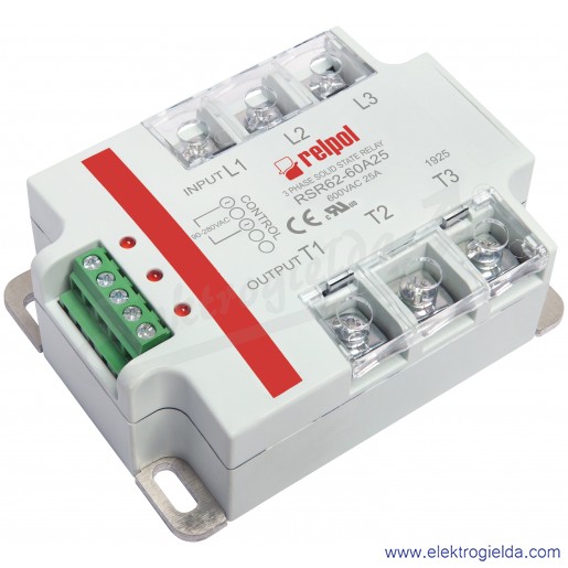 Przekaźnik półprzewodnikowy RSR62-60A25 90-280VAC 25A 600VAC trójfazowy, załączanie w zerze