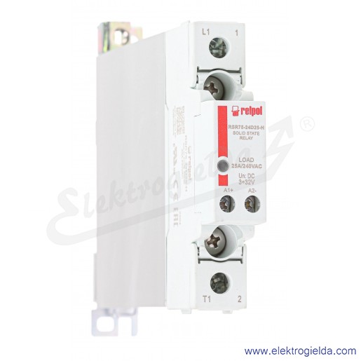 Przekaźnik p&oacute;łprzewodnikowy RSR75-24D25-H 3-32VDC 25A 24-280VAC jednofazowy, załączanie w zerze z radiatorem na szynę TS35