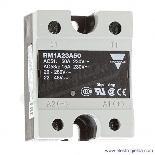 Przekaźnik półprzewodnikowy RM1A23A50, 22-48VDC, 50A, 24..265VAC