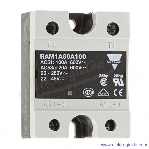 Przekaźnik półprzewodnikowy RAM1A60A100 napięcie sterujące 22-48VDC 20-280VAC, 100A, 42..660VAC