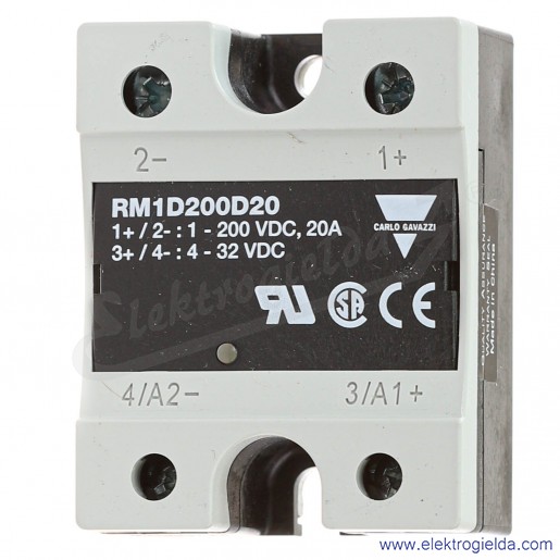 Przekaźnik półprzewodnikowy RM1D200D20, 1P, Uc   4,5...32 VDC, 20A, Uwyj 200VDC