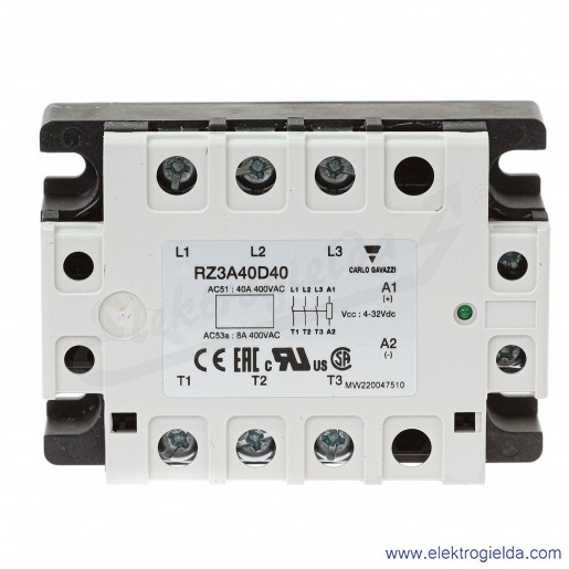 Przekaźnik półprzewodnikowy RZ3A40D40, 4-32VDC, 40A, 24..440VAC, 3 fazowy