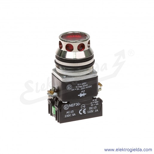 Przycisk sterowniczy NEF30 KLDcXY 24-230VAC/DC czerwony LED kryty podświetlany 30mm 1NO+1NC