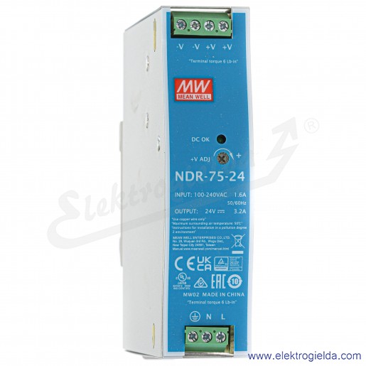 Zasilacz impulsowy NDR-75-24 zasilanie 90-264VAC lub 124-370VDC , wyjście 24V 3.2A 75W
