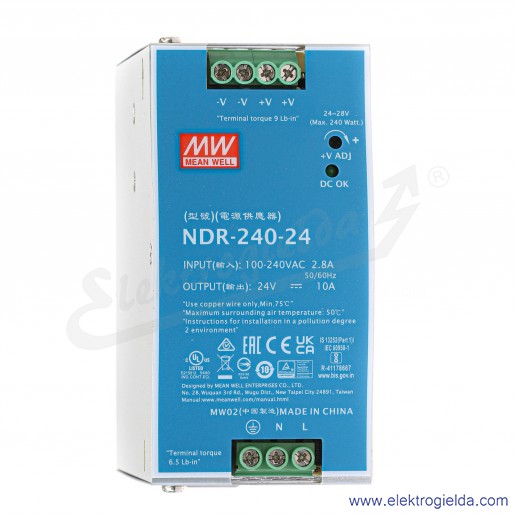 Zasilacz impulsowy NDR-240-24 zasilanie 90-264VAC lub 124-370VDC, wyjście 24V 10A 240W