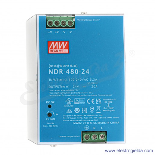 Zasilacz impulsowy NDR-480-24 zasilanie 90-264VAC lub 124-370VDC, wyjście 24V 20A 480W