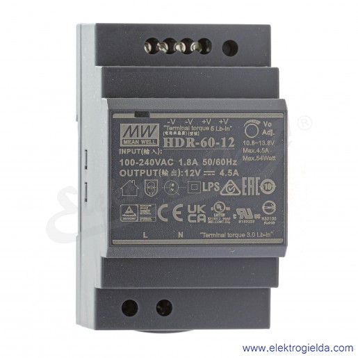 Zasilacz modułowy HDR-60-12 zasilanie 85-264VAC lub 120-370VDC, wyjście 12V 0..4.5A 60W