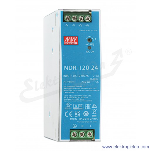 Zasilacz impulsowy NDR-120-24 slim, zasilanie 90..264VAC lub 124..370VDC, wyjście 24V 5A 120W