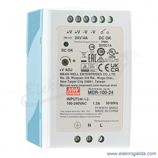 Zasilacz MDR-100-24 zasilanie 85-264VAC lub 120-370VDC, wyjście 24V 4A 100W