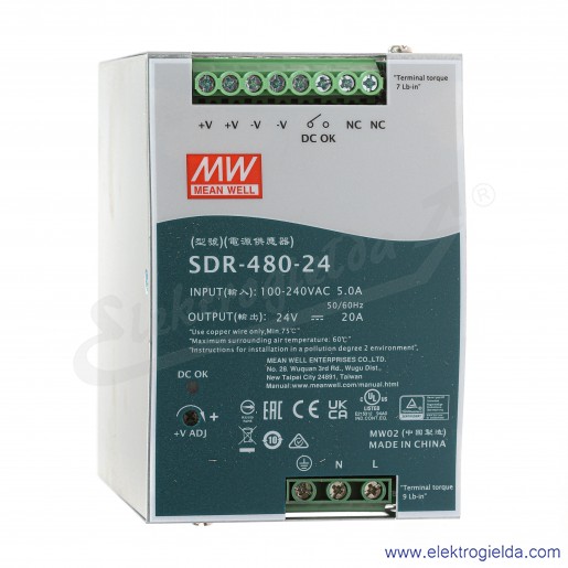 Zasilacz impulsowy SDR-480-24 napięcie zasilania 88..264VAC, 124..370VDC, wyjście 24V, 0..20A 480W