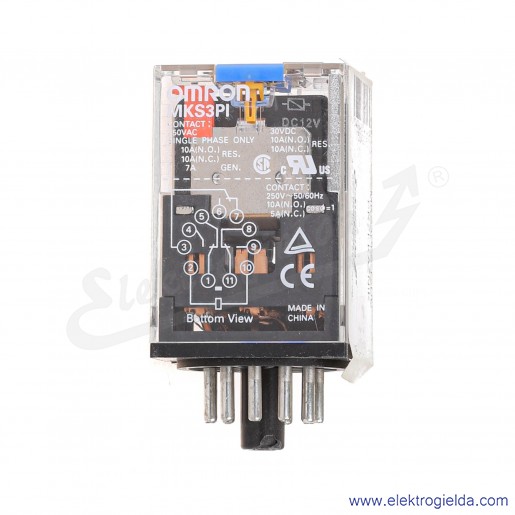 Przekaźnik wtykowy MKS3PI-5 12VDC 11-pinowy 3PDT 10A, wskaźnik mechaniczny, przycisk testowy