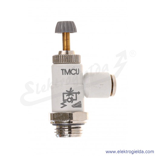 Zawór dławiąco- zwrotny TMCU 974-1/4-6, G1/4, Fi 6, 0.5-10 Bar, 400 l/min, dławienie na wylocie, regulacja śrubą radełkową lub k