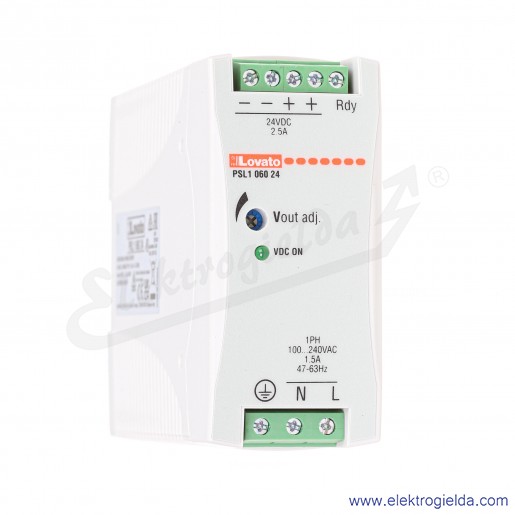 Zasilacz impulsowy PSL106024 napięcie zasilania 100..240VAC, napięcie wyjściowe 24VDC 2.5A, moc 60W, zaciski śrubowe, montaż DIN