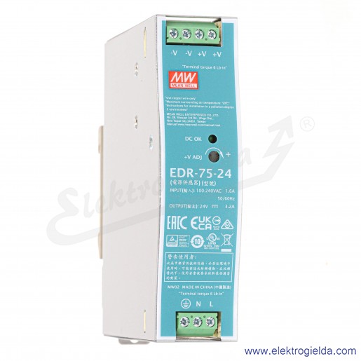 Zasilacz impulsowy EDR-75-24 zasilanie 90..264VAC lub 124..370VDC, napięcie wyjściowe 24VDC, moc 75W, prąd 3.2A