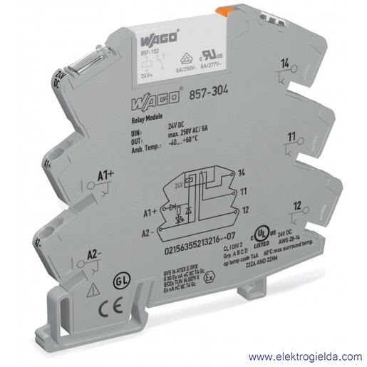 Przekaźnik interfejsowy 857-304 24V DC, 1P, 6A, szerokość 6mm, sygnalizacja LED, JUMPFLEX