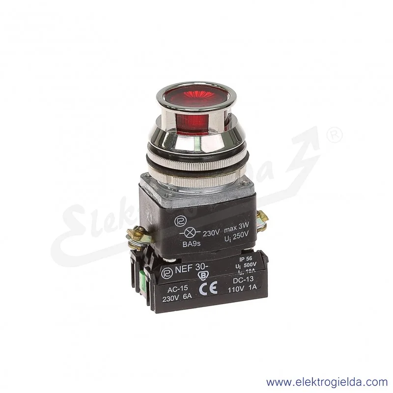 Przycisk sterowniczy NEF30 KLcXY 230V czerwony kryty podświetlany 30mm 1NO+1NC
