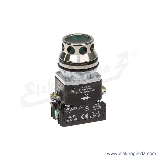 Przycisk sterowniczy NEF30 KLDzXY 24-230VAC/DC zielony LED kryty podświetlany 30mm 1NO+1NC