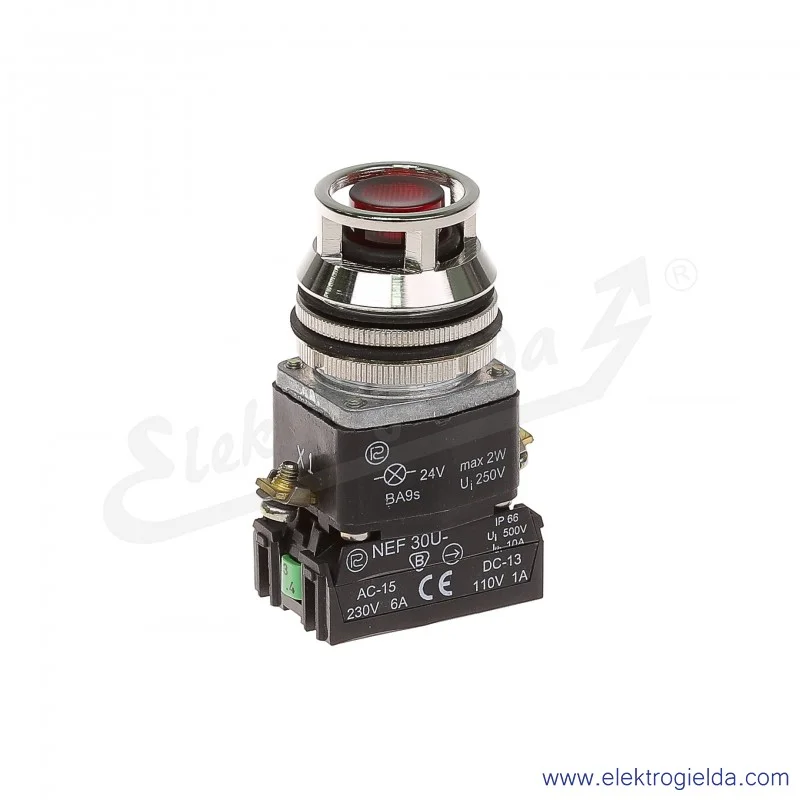 Przycisk sterowniczy NEF30 UKLcXY 24V czerwony kryty podświetlany uszczelniony 30mm 1NO+1NC