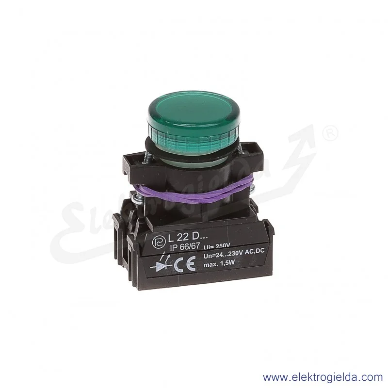 Lampka sygnalizacyjna L22 Dz 24-230V AC/DC zielona klosz płaski