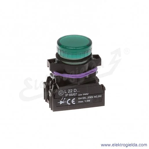 Lampka sygnalizacyjna L22 Dz 24-230V AC/DC zielona klosz płaski