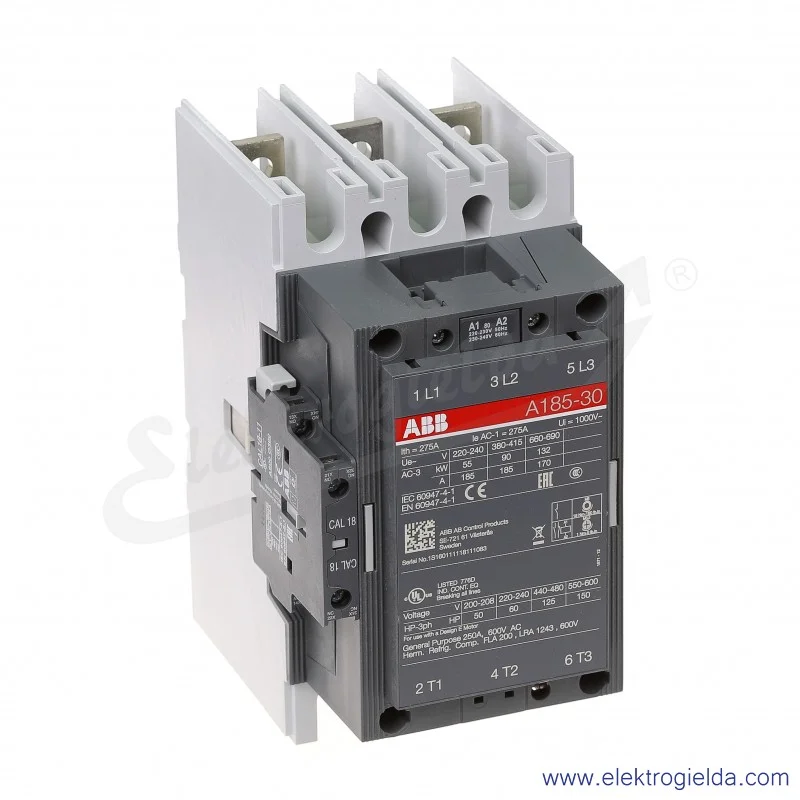 Stycznik A185-30-11 230V AC 50/60 HZ, 1NO+1NC, 90KW/400V AC-3, 275A AC-1, 3-polowy