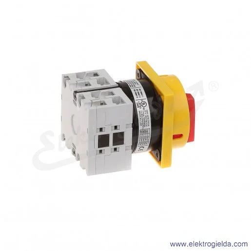 Łącznik krzywkowy GX4010U65 0-1, 3 tory 32A, AC3/400V 15KW, pokrętło żółto-czerwone z możliwością blokady, bez obudowy